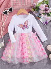 Young Girl Butterfly Pattern Long-Sleeve Mesh Tutu Dress, Spring & Fall Vacation Party Casual A-Line Dress, Gift